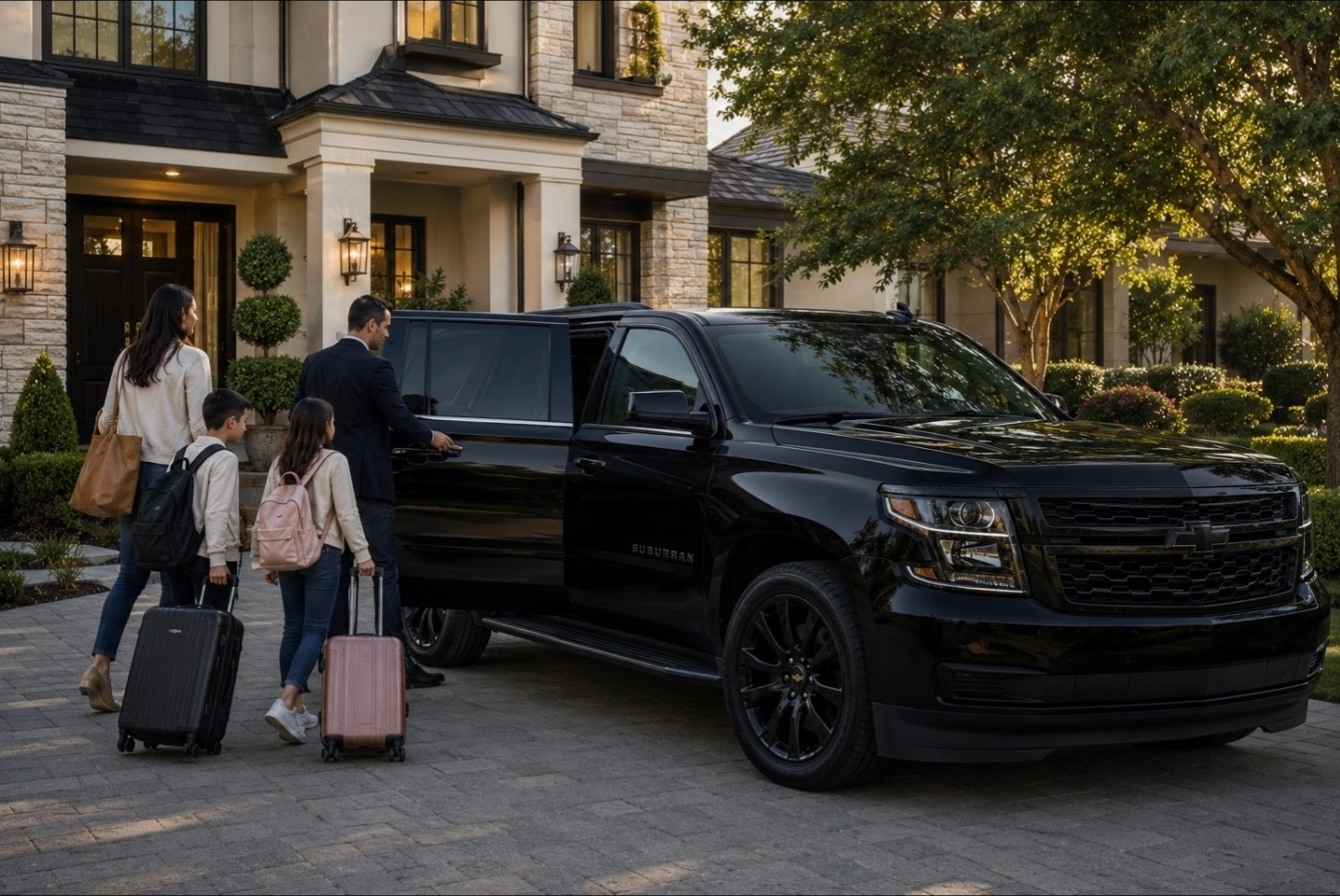 Family being picked up by luxury black Chevy Suburban